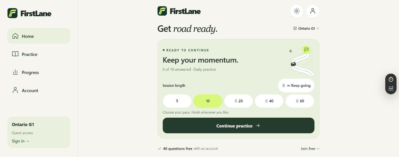 FirstLane’s practice dashboard with a Continue practice card, fixed session lengths, locked Keep going option and a 40 questions free disclosure.